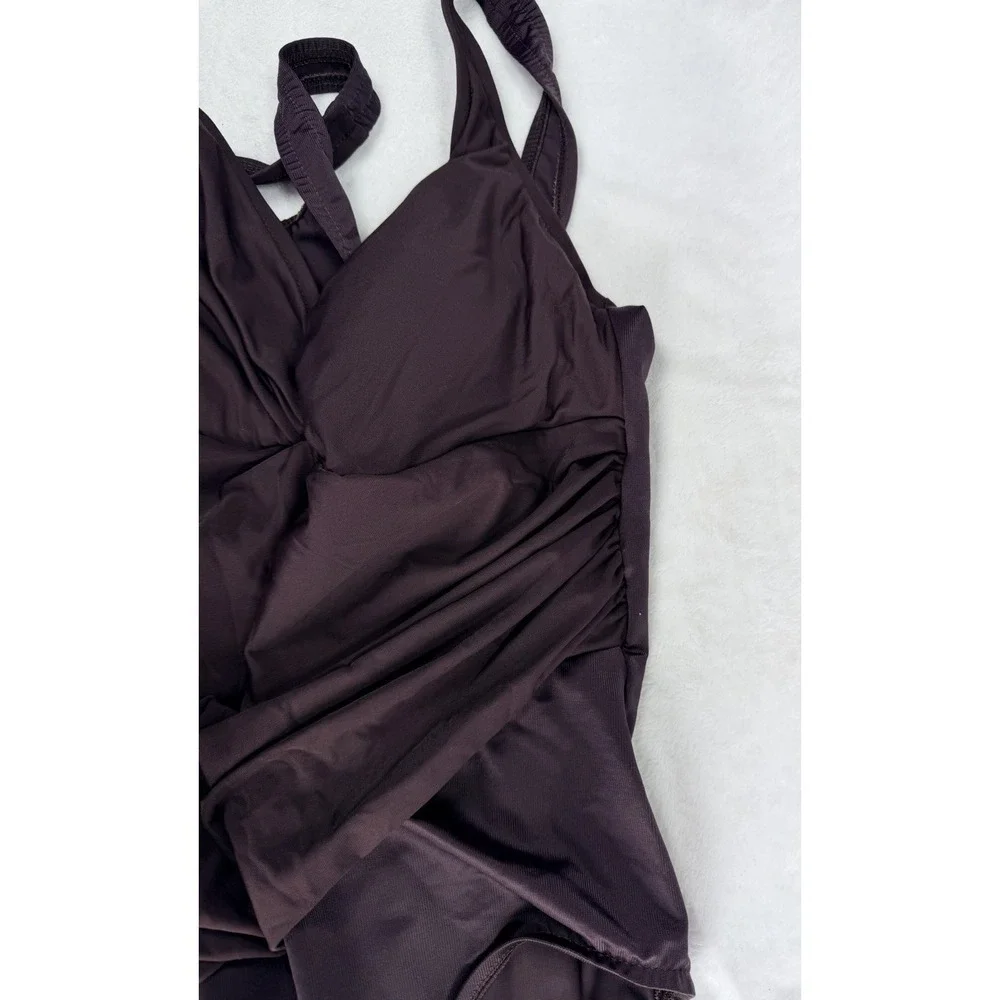 TRIMSHAPER One Piece Swimsuit SIZE 16 Brown Tummy Control Ruched Built In Bra - Picture 13 of 14